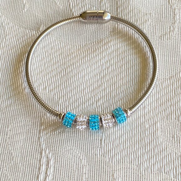 Silver Tone Aqua Blue Clear Swarovski Crystal Bracelet - Picture 2 of 6